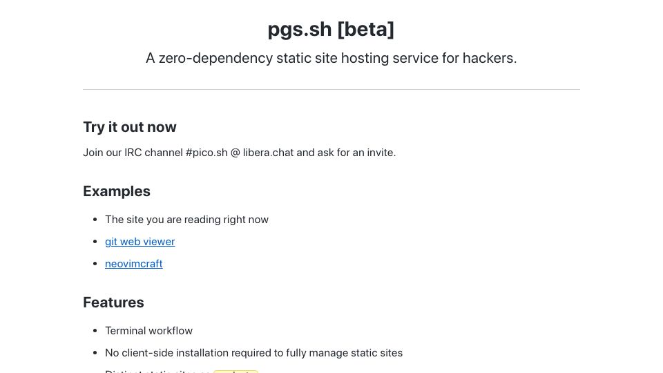 Screenshot of pgs.sh: Show HN: Pgs.sh – A zero-dependency static site hosting service for hackers