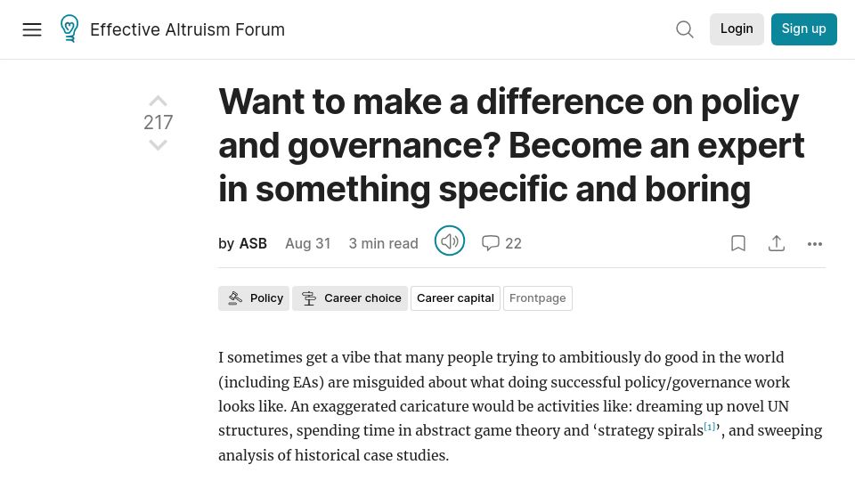 Screenshot of forum.effectivealtruism.org: Become an expert in something specific and boring