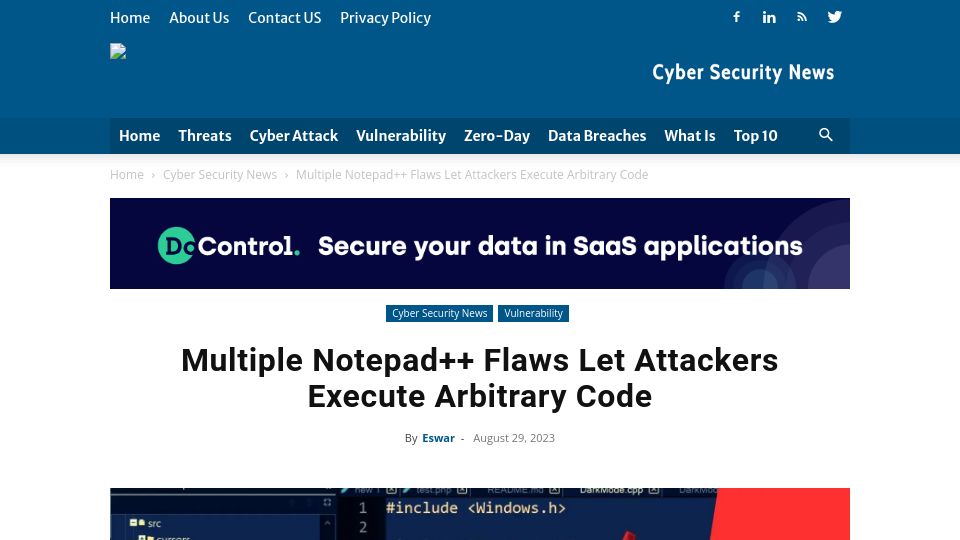 Screenshot of cybersecuritynews.com: Multiple Notepad++ Flaws Let Attackers Execute Arbitrary Code