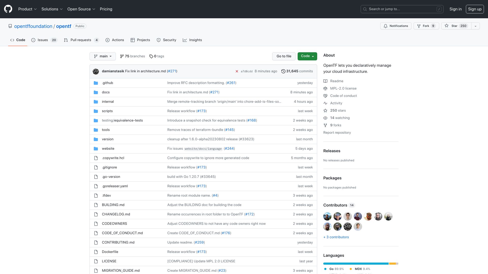 Screenshot of github.com: OpenTF repository is now public