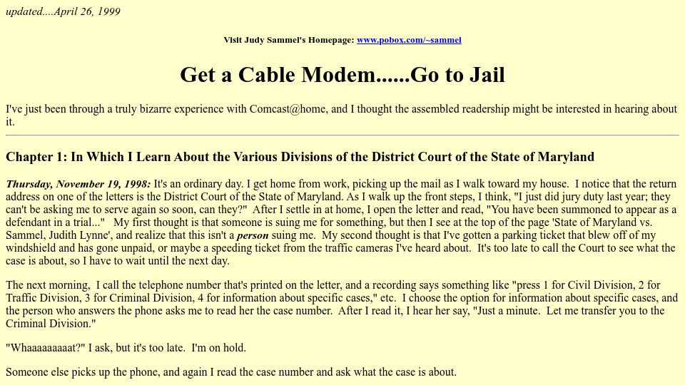 Screenshot of telecom.csail.mit.edu: Get a cable modem, go to jail (1999)