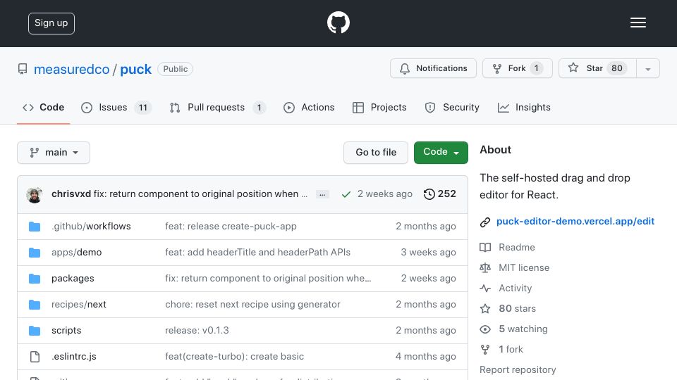 Screenshot of github.com: Show HN: Puck – Open-source visual editor for React