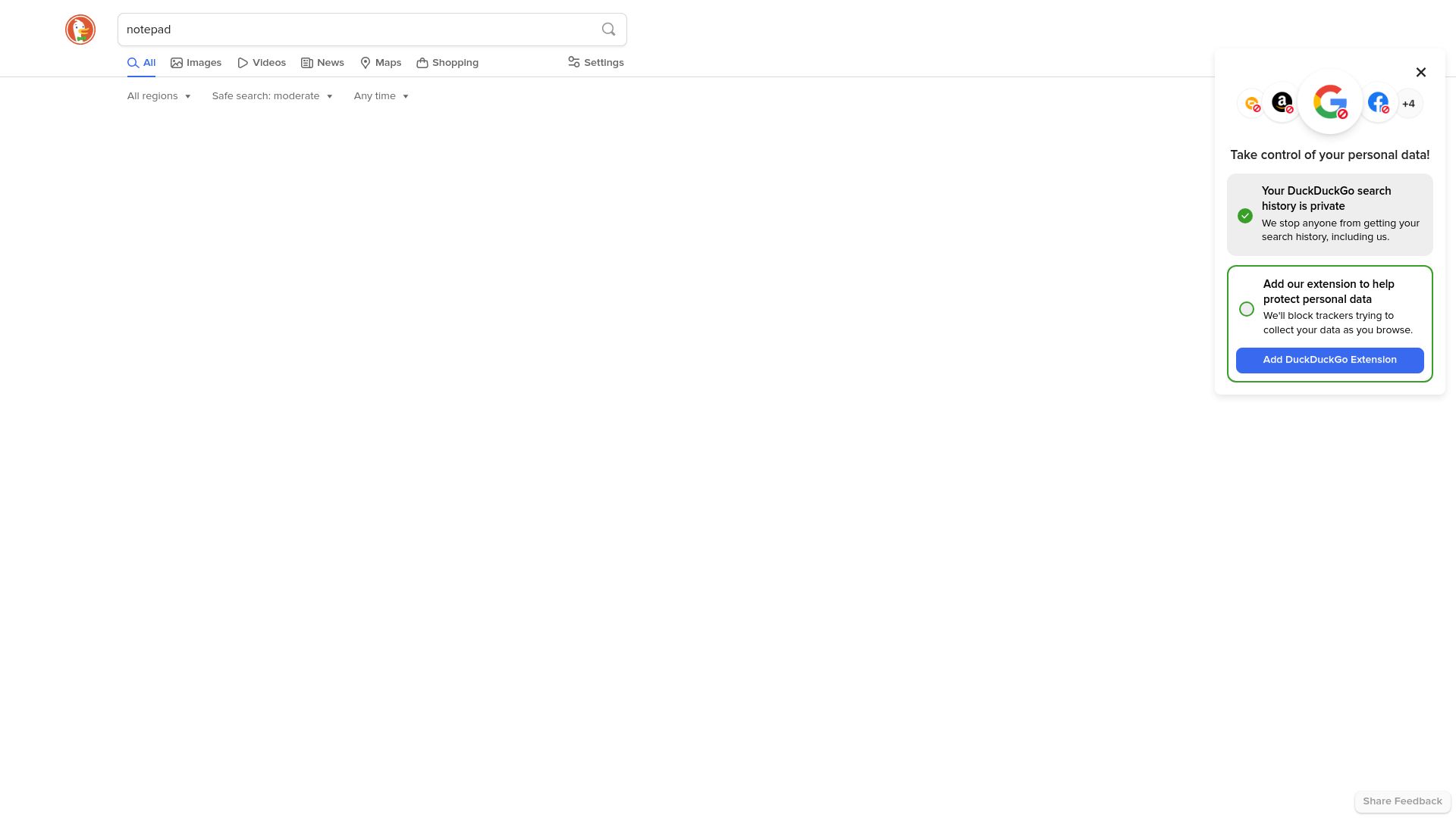 Screenshot of duckduckgo.com: Searching for “notepad” on DuckDuckGo yields zero results