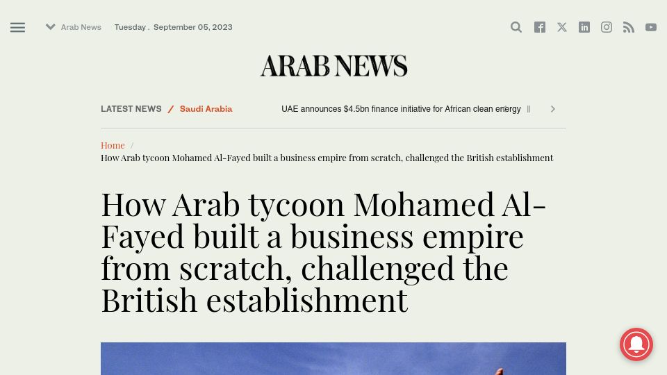 Screenshot of arabnews.com: Mohamed Al-Fayed began life as a porter in Alexandria and died as a billionaire