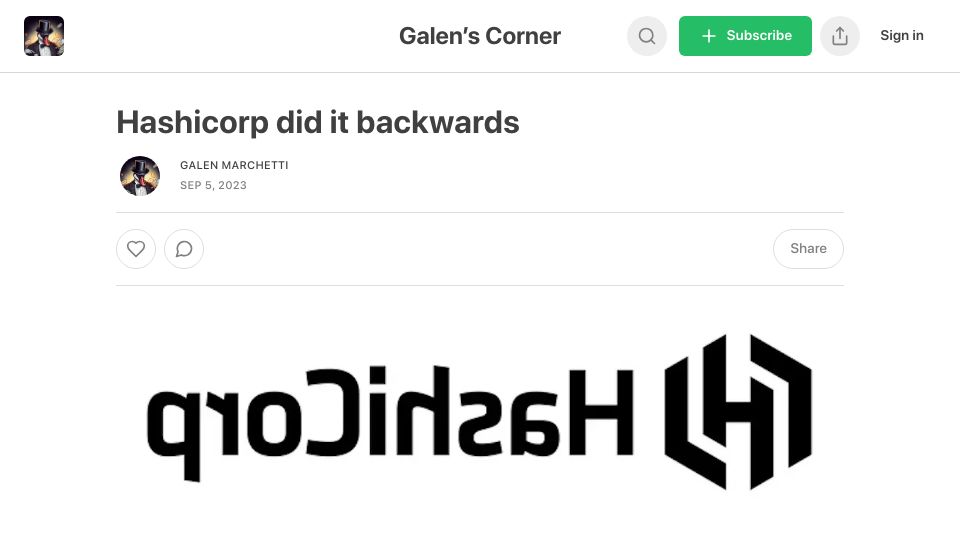 Screenshot of galenmarchetti.substack.com: HashiCorp Did It Backwards