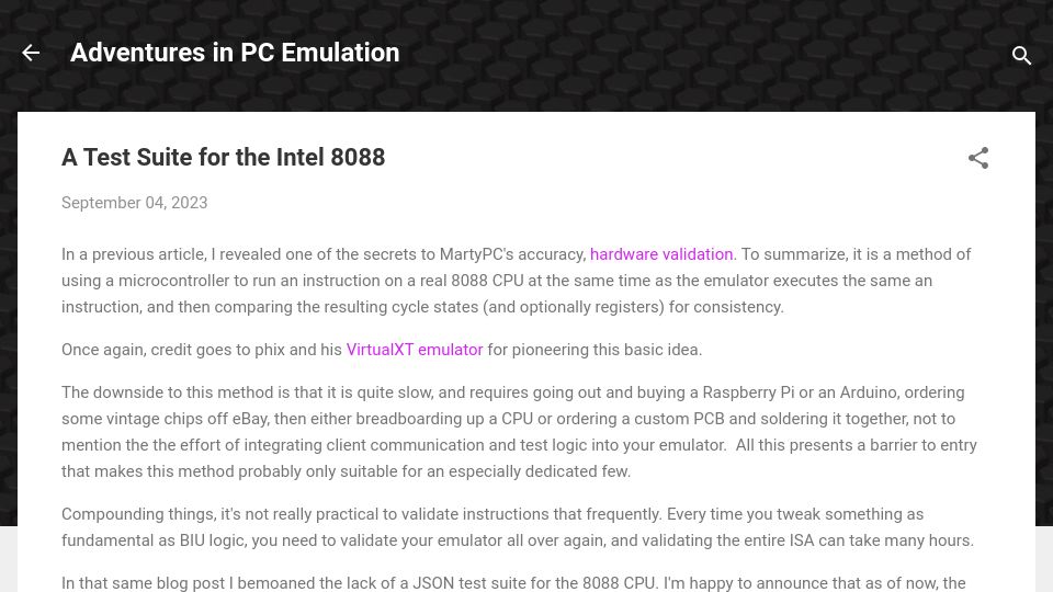 Screenshot of martypc.blogspot.com: A Test Suite for the Intel 8088