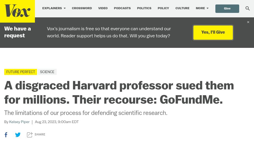 Screenshot of vox.com: Crowdfunding a defense for scientific research