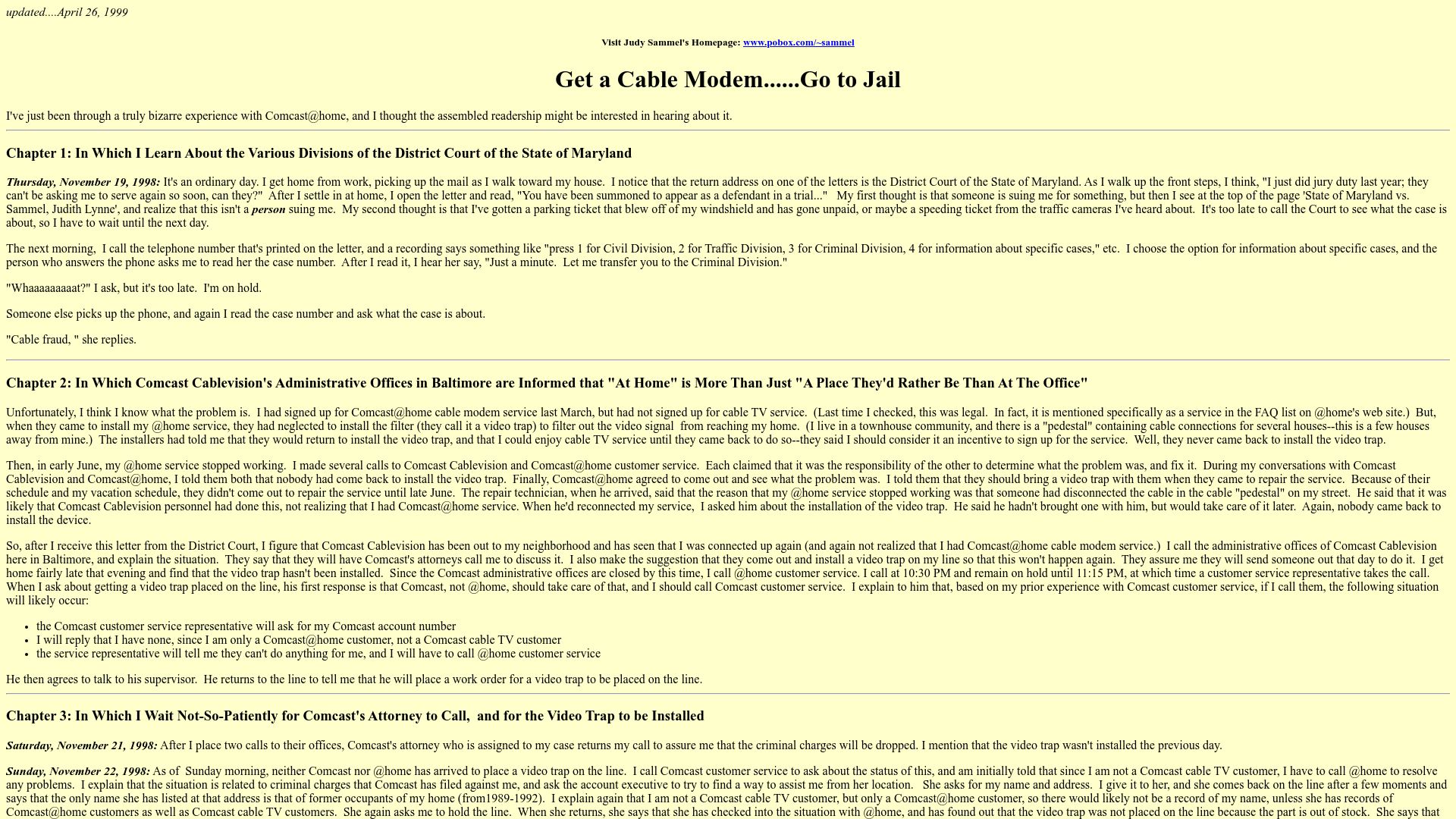 Screenshot of telecom.csail.mit.edu: Get a cable modem, go to jail (1999)