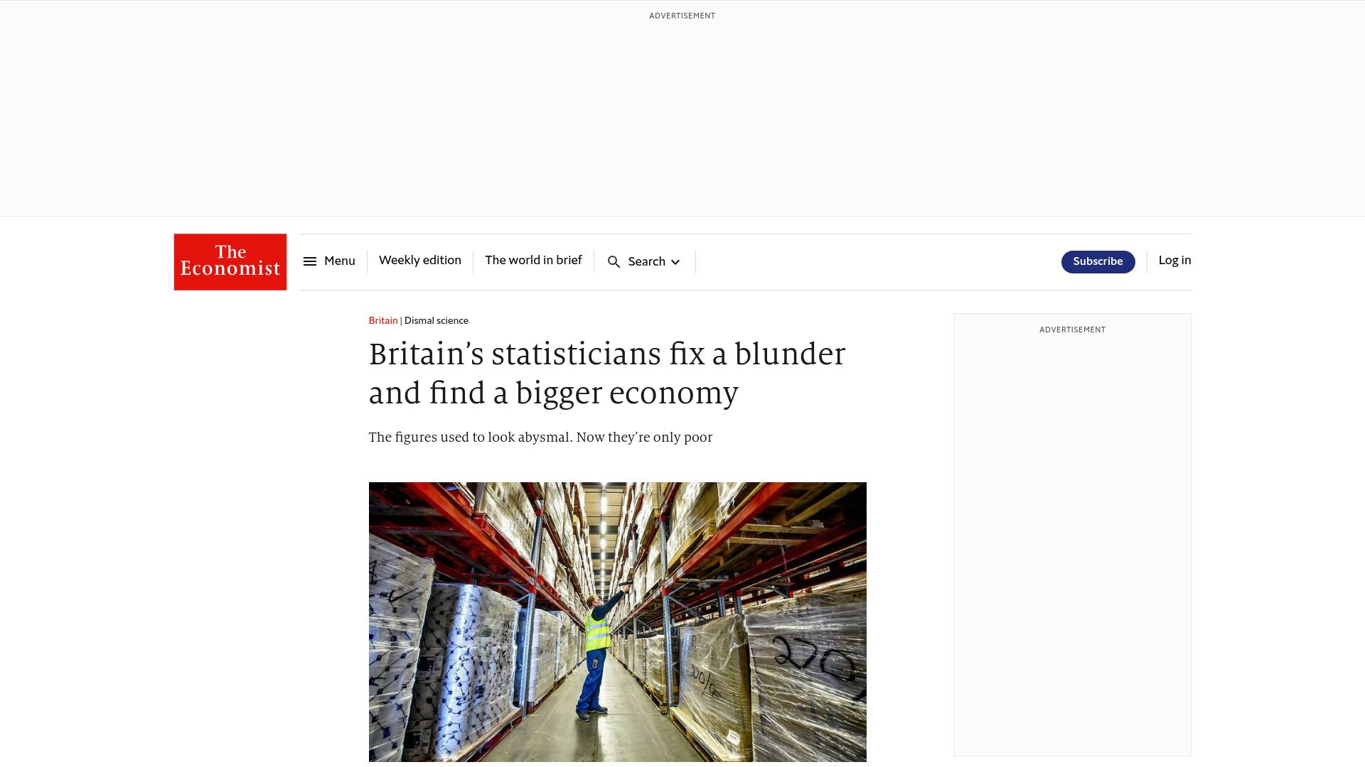 Screenshot of economist.com: Britain’s statisticians fix a blunder and find a bigger economy