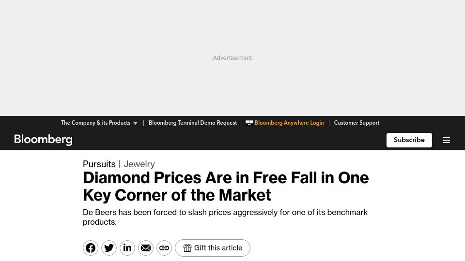Screenshot of bloomberg.com: Diamond prices are in free fall in one key corner of the market