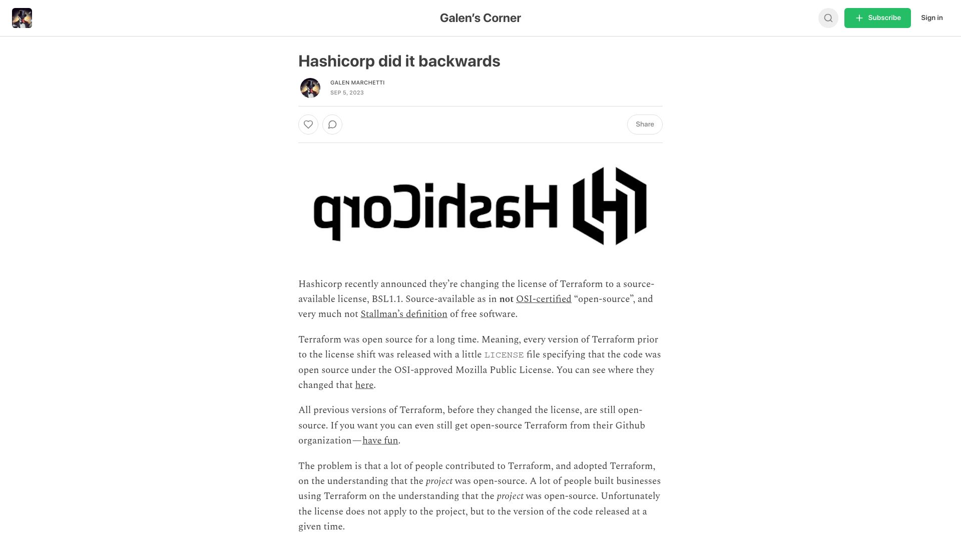 Screenshot of galenmarchetti.substack.com: HashiCorp Did It Backwards