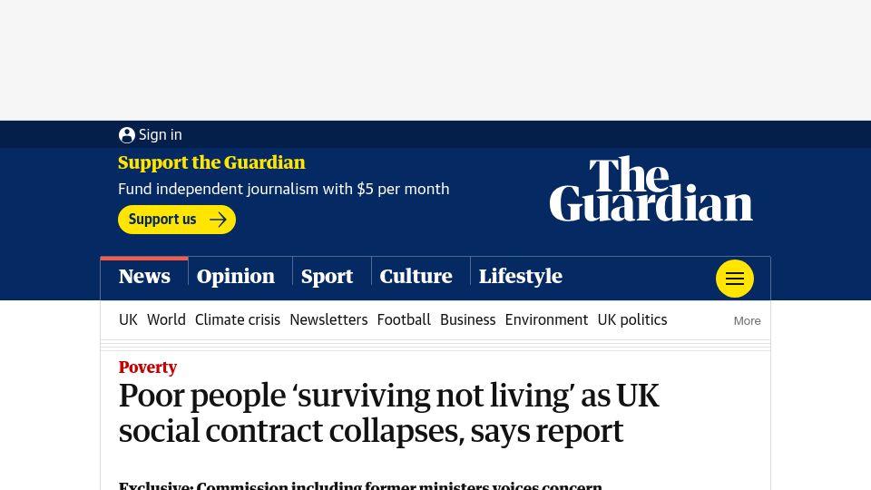 Screenshot of theguardian.com: Poor people ‘surviving not living’ as UK social contract collapses, says report