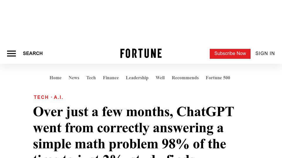 Screenshot of fortune.com: Study shows over time, ChatGPT lost accuracy