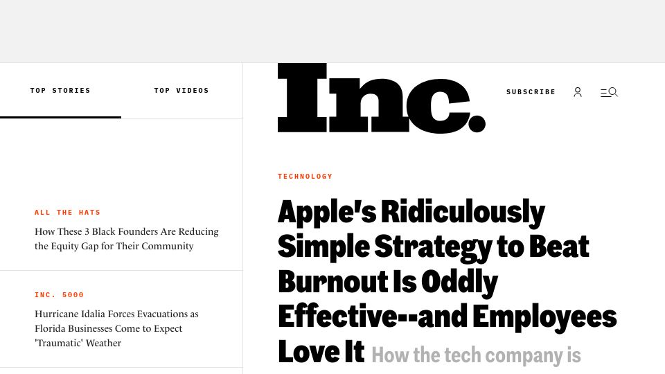 Screenshot of inc.com: Apple's Simple Strategy to Beat Burnout: Freedom