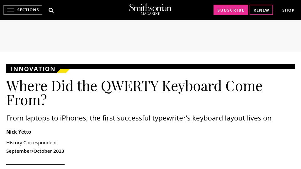 Screenshot of smithsonianmag.com: Where did the QWERTY keyboard come from?
