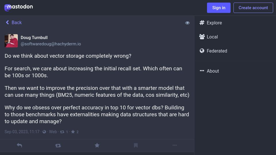 Screenshot of hachyderm.io: Do we think about vector storage completely wrong?