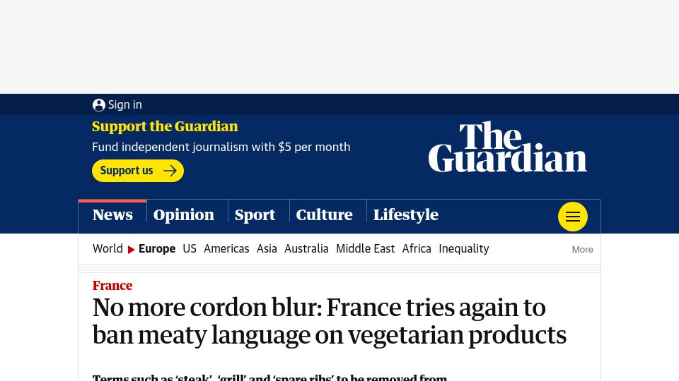 Screenshot of theguardian.com: France prepares to ban vegetarian products from using meaty language