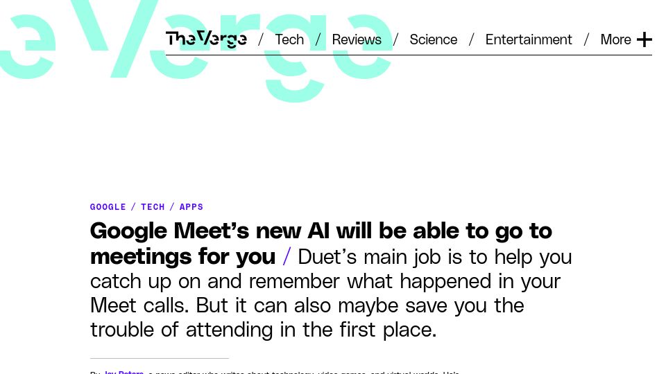 Screenshot of theverge.com: Google Meet’s new AI will be able to go to meetings for you
