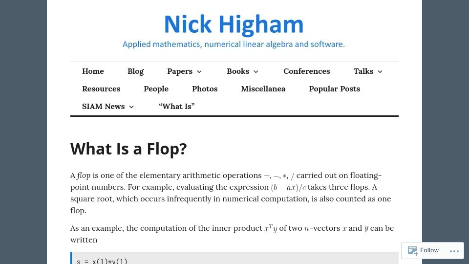 Screenshot of nhigham.com: What is a flop?