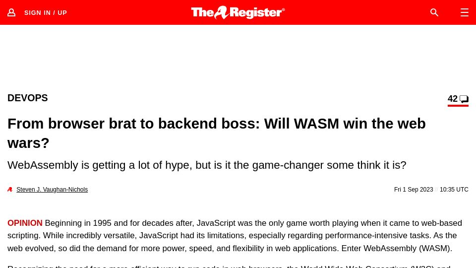 Screenshot of theregister.com: WASM: Big deal or little deal?