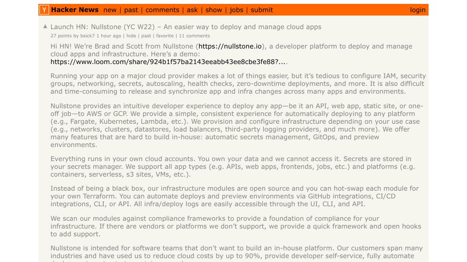 Screenshot of Hacker News post: Launch HN: Nullstone (YC W22) – An easier way to deploy and manage cloud apps