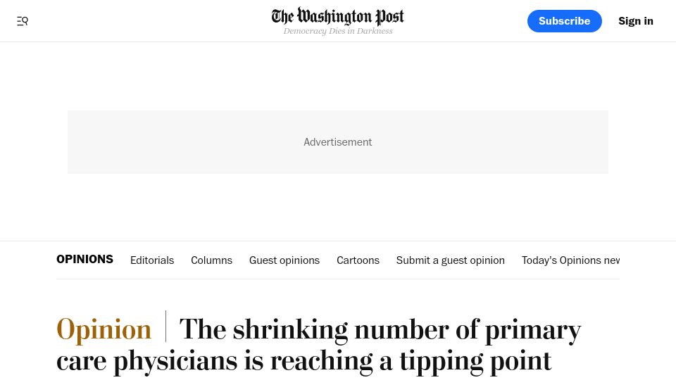 Screenshot of washingtonpost.com: The shrinking number of primary care physicians is reaching a tipping point