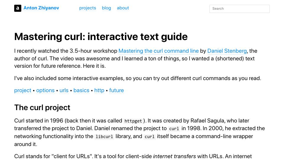 Screenshot of antonz.org: Mastering curl: interactive text guide