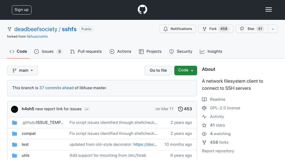 Screenshot of github.com: A currently maintained fork of SSHFS