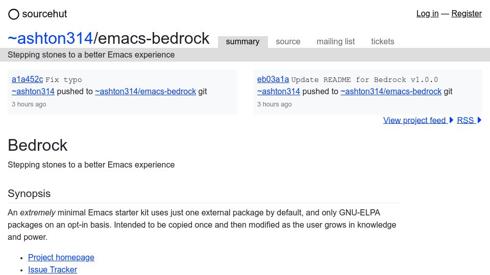 Screenshot of sr.ht: Emacs Bedrock: A minimal Emacs starter kit