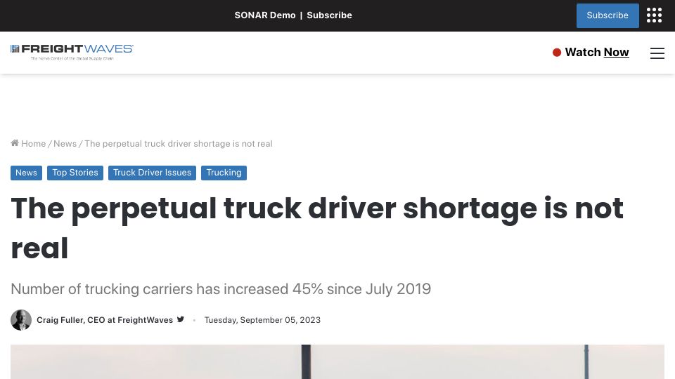 Screenshot of freightwaves.com: The perpetual truck driver shortage is not real