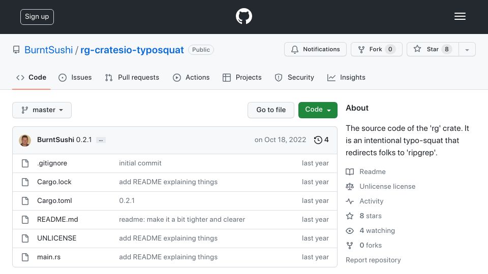 Screenshot of github.com: Rust crate rg typosquatting/redirect to ripgrep