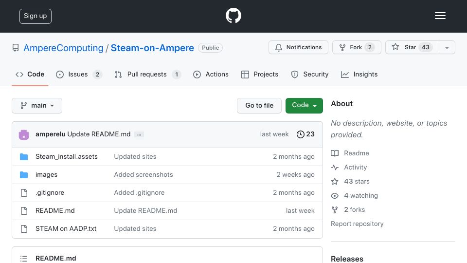 Screenshot of github.com: Steam-on-Ampere