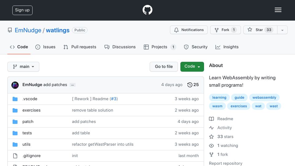 Screenshot of github.com: Learn WebAssembly by writing small programs
