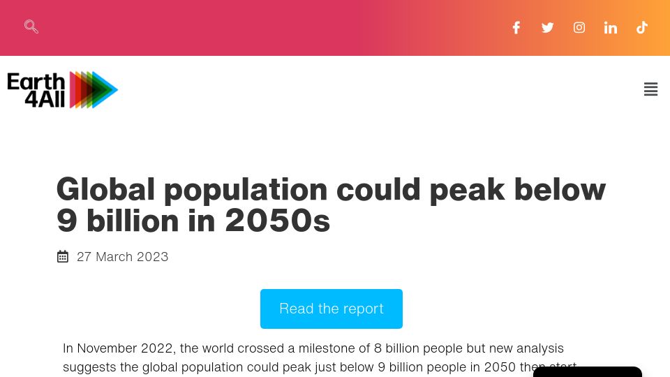 Screenshot of earth4all.life: Global population could peak below 9B in 2050s