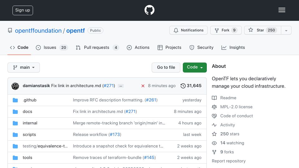 Screenshot of github.com: OpenTF repository is now public