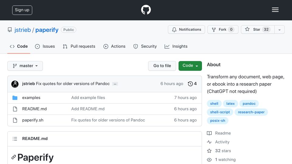 Screenshot of github.com: Show HN: Transform any website or eBook into a research paper (no LLM required)