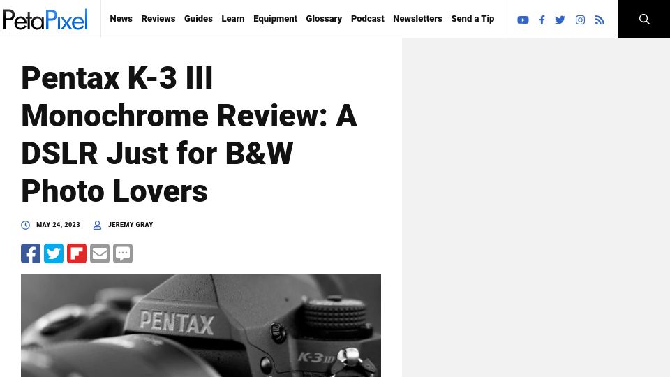 Screenshot of petapixel.com: Pentax K-3 III Monochrome: A DSLR Just for B&W Photo Lovers