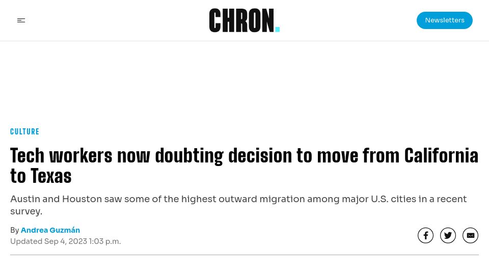 Screenshot of chron.com: Tech workers now doubting decision to move from California to Texas