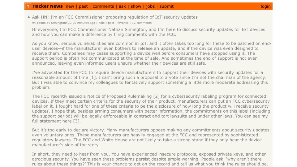 Screenshot of Hacker News post: Ask HN: I’m an FCC Commissioner proposing regulation of IoT security updates