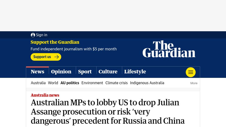 Screenshot of theguardian.com: Australian MPs to lobby US to drop Julian Assange prosecution