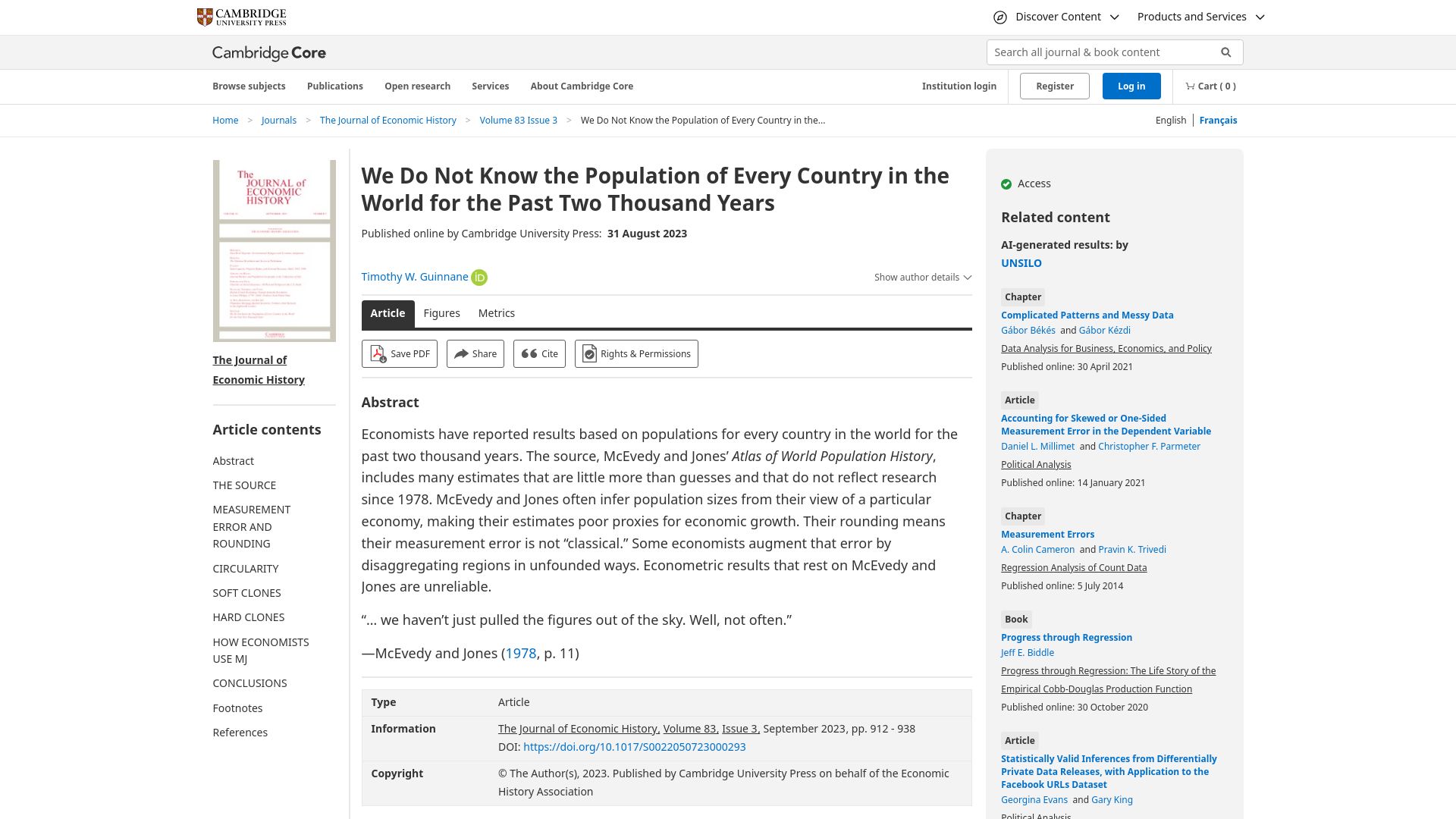Screenshot of cambridge.org: Economists typically rely on bogus population data