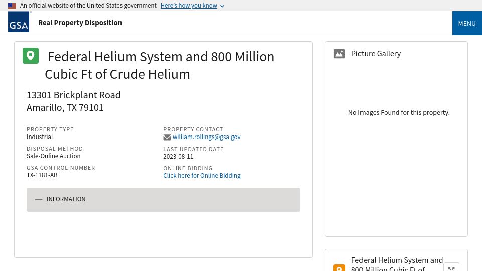 Screenshot of gsa.gov: The Federal Helium reserve is for sale