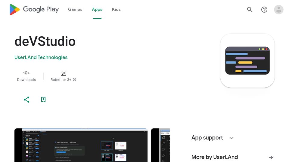 Screenshot of play.google.com: deVStudio – Runs VS Code on Android
