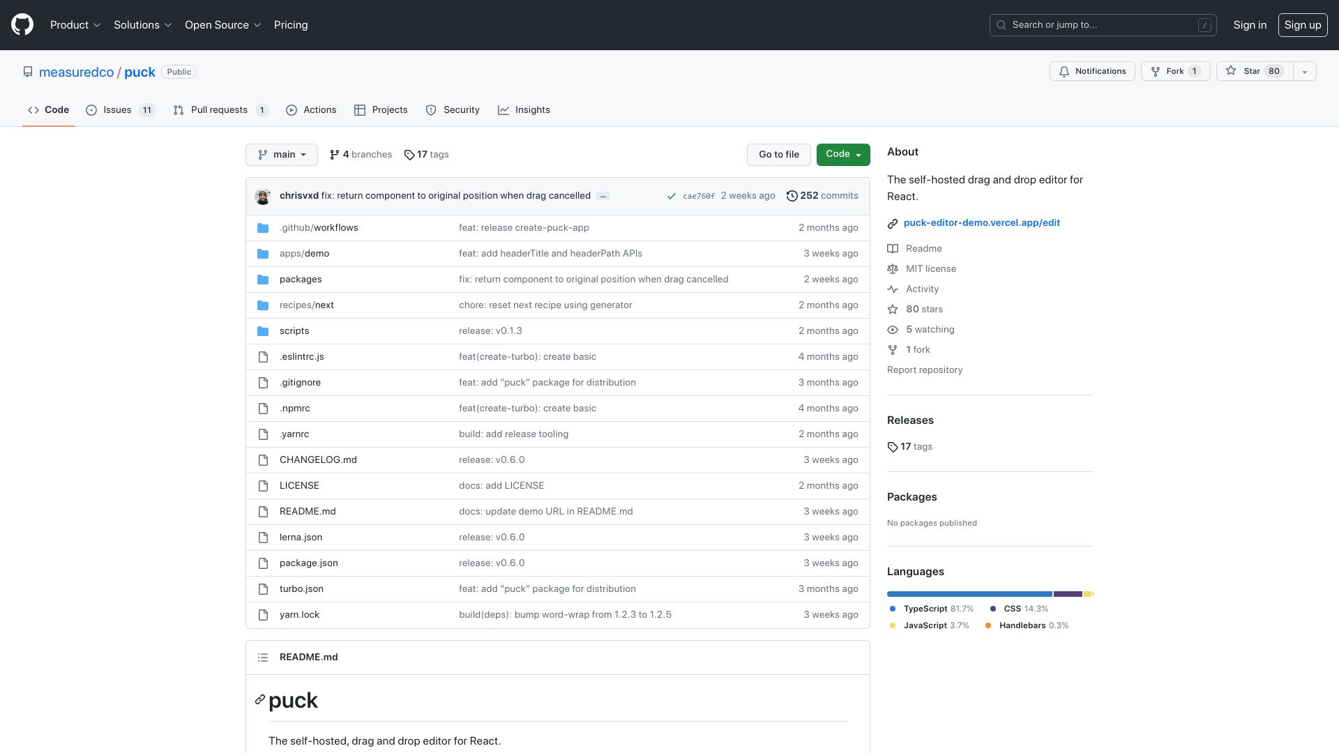 Screenshot of github.com: Show HN: Puck – Open-source visual editor for React
