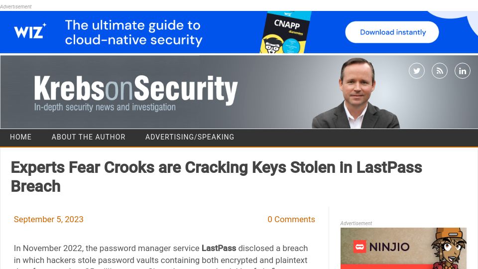 Screenshot of krebsonsecurity.com: Experts fear crooks are cracking keys stolen in LastPass breach