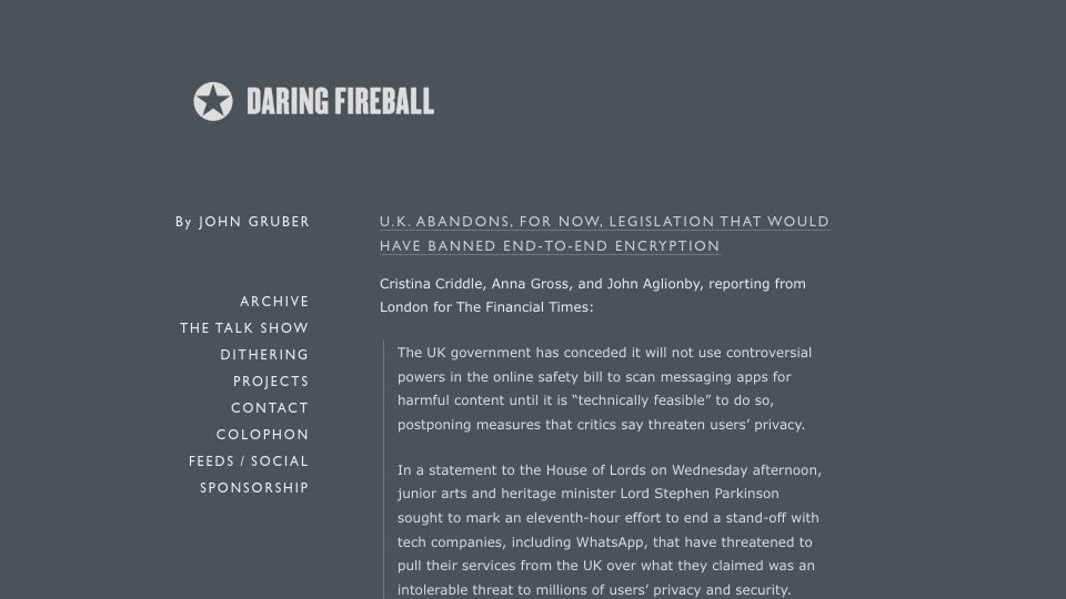 Screenshot of ft.com: UK pulls back from clash with Big Tech over private messaging