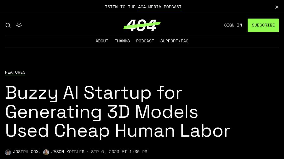 Screenshot of 404media.co: Buzzy AI Startup for Generating 3D Models Used Cheap Human Labor