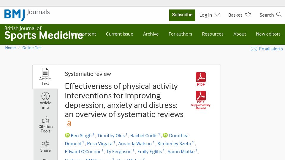 Screenshot of bjsm.bmj.com: Effectiveness of physical activity for improving depression, anxiety, distress