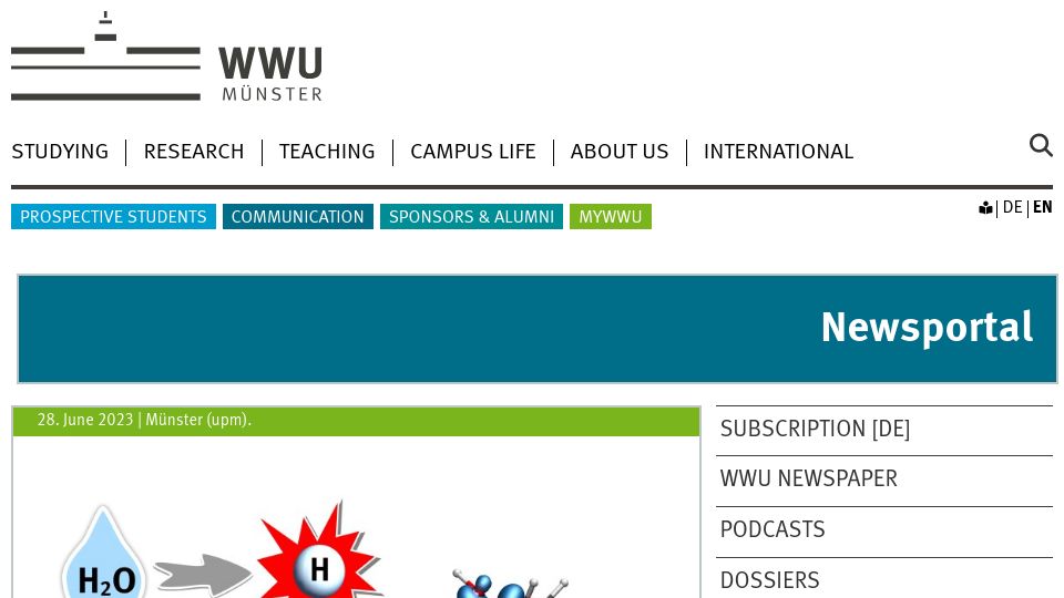 Screenshot of uni-muenster.de: Chemists develop new way to split water