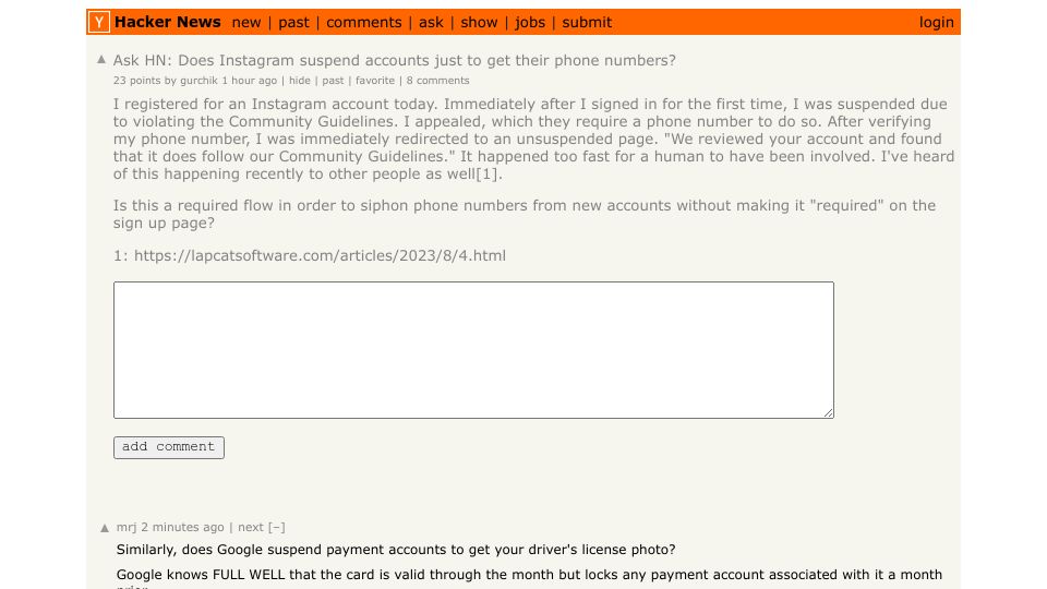 Screenshot of Hacker News post: Ask HN: Does Instagram suspend accounts just to get their phone numbers?